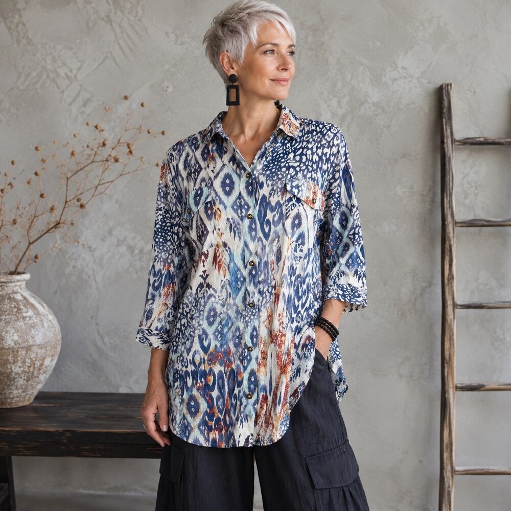Chico's White Blue Orange Abstract Ikat Print Button Front Top 2